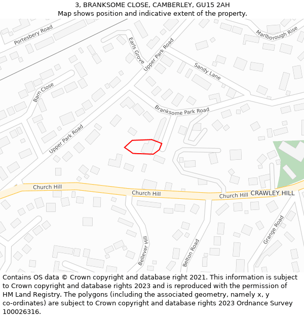 3, BRANKSOME CLOSE, CAMBERLEY, GU15 2AH: Location map and indicative extent of plot