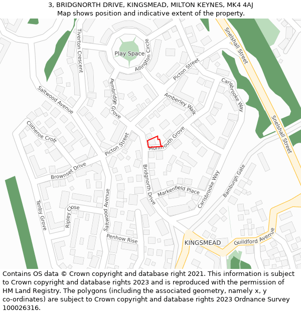 3, BRIDGNORTH DRIVE, KINGSMEAD, MILTON KEYNES, MK4 4AJ: Location map and indicative extent of plot