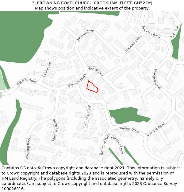 3, BROWNING ROAD, CHURCH CROOKHAM, FLEET, GU52 0YJ: Location map and indicative extent of plot