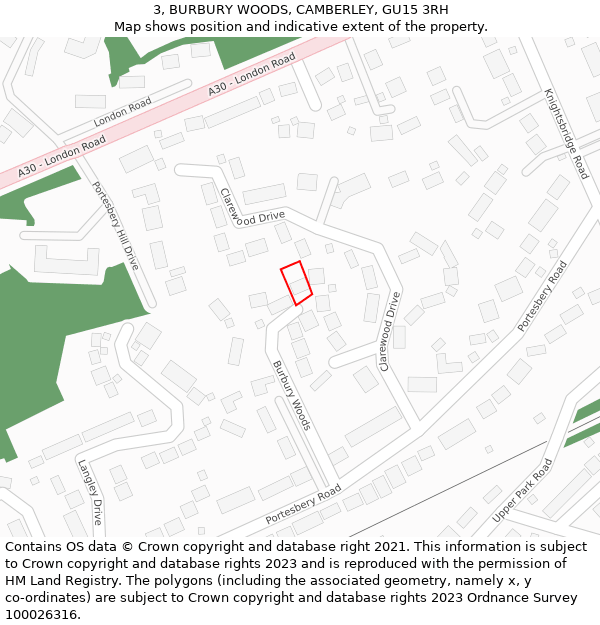 3, BURBURY WOODS, CAMBERLEY, GU15 3RH: Location map and indicative extent of plot