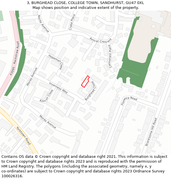 3, BURGHEAD CLOSE, COLLEGE TOWN, SANDHURST, GU47 0XL: Location map and indicative extent of plot