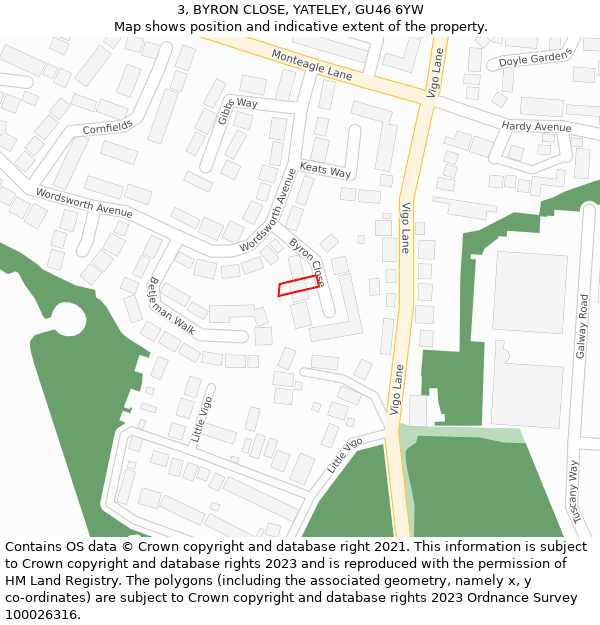 3, BYRON CLOSE, YATELEY, GU46 6YW: Location map and indicative extent of plot