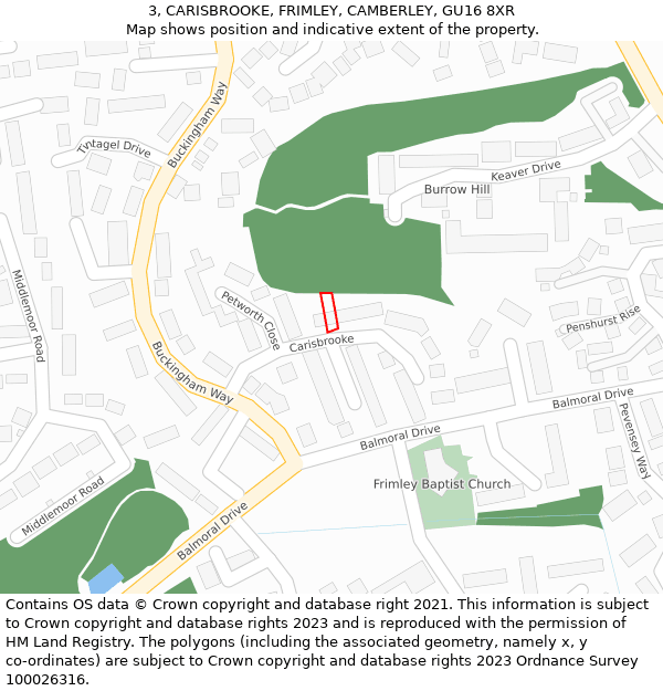 3, CARISBROOKE, FRIMLEY, CAMBERLEY, GU16 8XR: Location map and indicative extent of plot