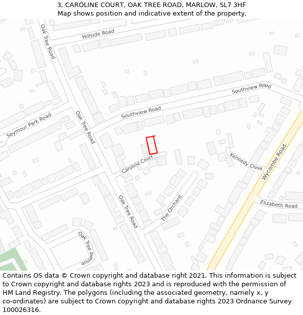 3, CAROLINE COURT, OAK TREE ROAD, MARLOW, SL7 3HF: Location map and indicative extent of plot