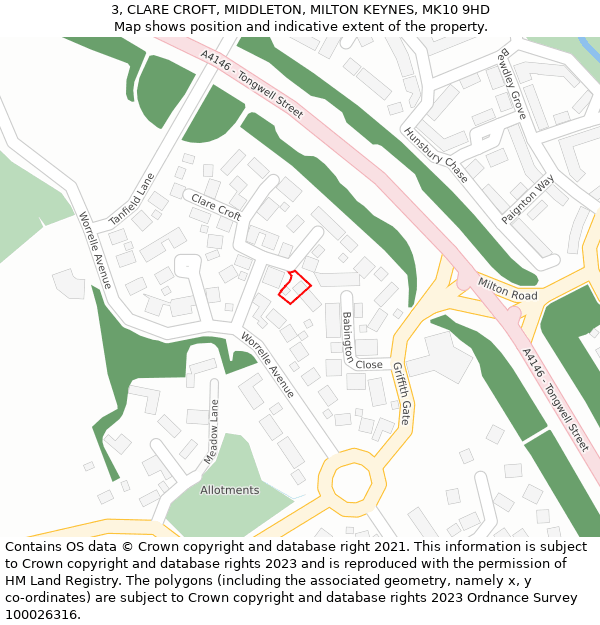 3, CLARE CROFT, MIDDLETON, MILTON KEYNES, MK10 9HD: Location map and indicative extent of plot