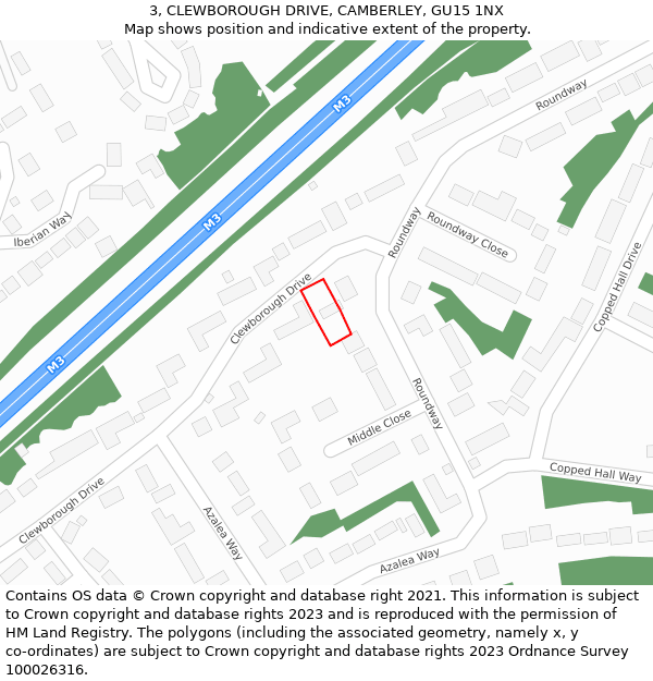 3, CLEWBOROUGH DRIVE, CAMBERLEY, GU15 1NX: Location map and indicative extent of plot