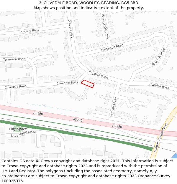 3, CLIVEDALE ROAD, WOODLEY, READING, RG5 3RR: Location map and indicative extent of plot