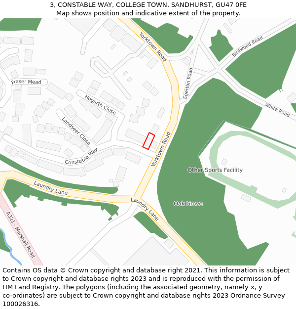 3, CONSTABLE WAY, COLLEGE TOWN, SANDHURST, GU47 0FE: Location map and indicative extent of plot