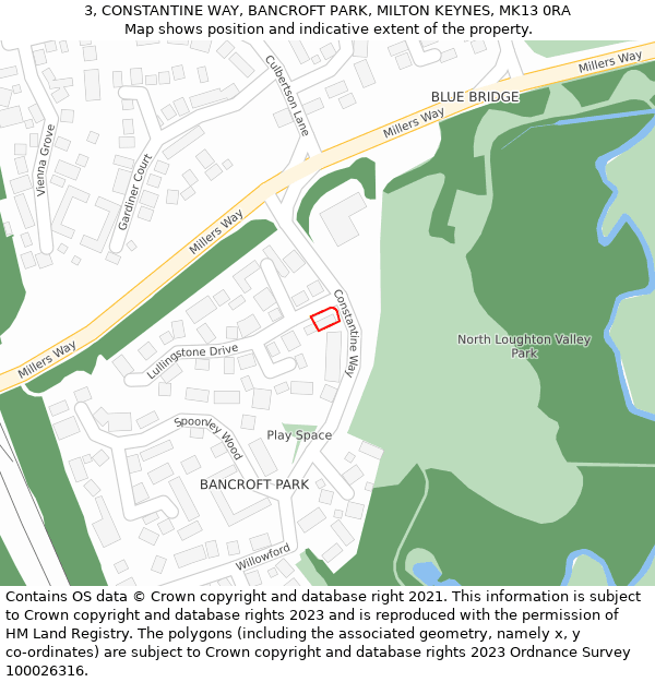 3, CONSTANTINE WAY, BANCROFT PARK, MILTON KEYNES, MK13 0RA: Location map and indicative extent of plot