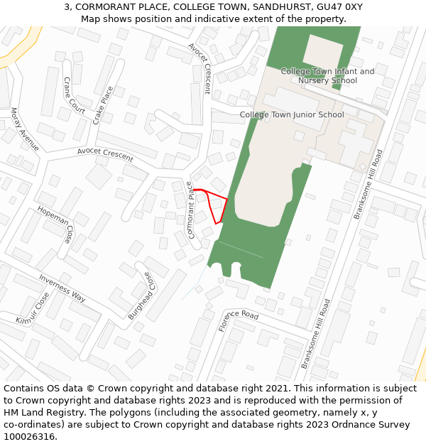3, CORMORANT PLACE, COLLEGE TOWN, SANDHURST, GU47 0XY: Location map and indicative extent of plot