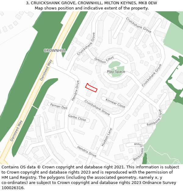 3, CRUICKSHANK GROVE, CROWNHILL, MILTON KEYNES, MK8 0EW: Location map and indicative extent of plot