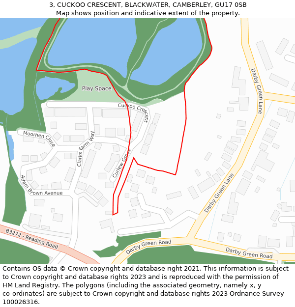 3, CUCKOO CRESCENT, BLACKWATER, CAMBERLEY, GU17 0SB: Location map and indicative extent of plot