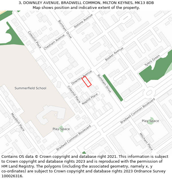 3, DOWNLEY AVENUE, BRADWELL COMMON, MILTON KEYNES, MK13 8DB: Location map and indicative extent of plot