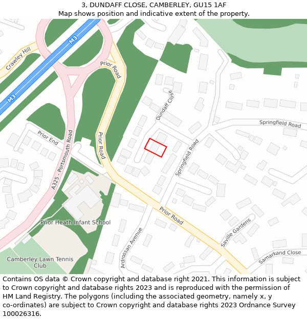 3, DUNDAFF CLOSE, CAMBERLEY, GU15 1AF: Location map and indicative extent of plot