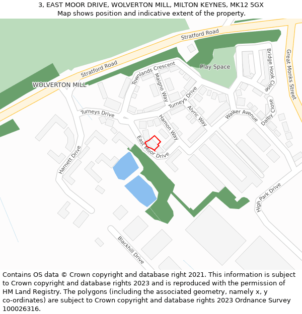 3, EAST MOOR DRIVE, WOLVERTON MILL, MILTON KEYNES, MK12 5GX: Location map and indicative extent of plot