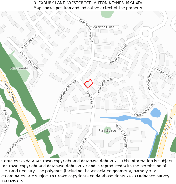 3, EXBURY LANE, WESTCROFT, MILTON KEYNES, MK4 4FA: Location map and indicative extent of plot