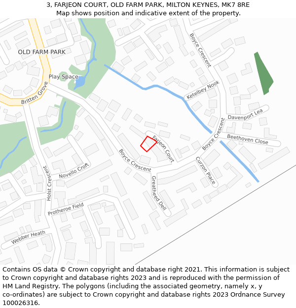 3, FARJEON COURT, OLD FARM PARK, MILTON KEYNES, MK7 8RE: Location map and indicative extent of plot