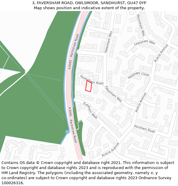 3, FAVERSHAM ROAD, OWLSMOOR, SANDHURST, GU47 0YP: Location map and indicative extent of plot