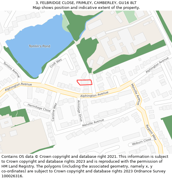 3, FELBRIDGE CLOSE, FRIMLEY, CAMBERLEY, GU16 8LT: Location map and indicative extent of plot