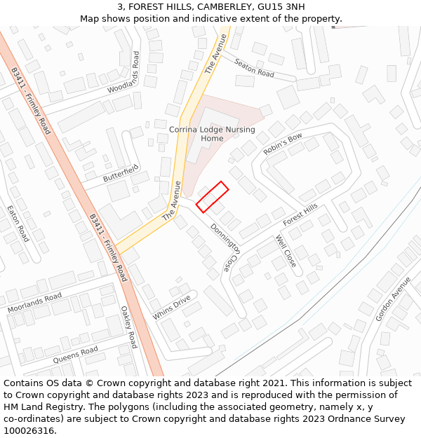 3, FOREST HILLS, CAMBERLEY, GU15 3NH: Location map and indicative extent of plot