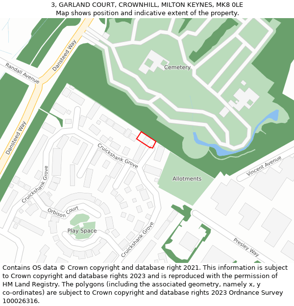 3, GARLAND COURT, CROWNHILL, MILTON KEYNES, MK8 0LE: Location map and indicative extent of plot