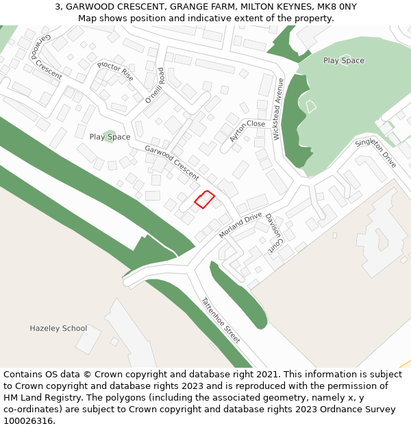 3, GARWOOD CRESCENT, GRANGE FARM, MILTON KEYNES, MK8 0NY: Location map and indicative extent of plot