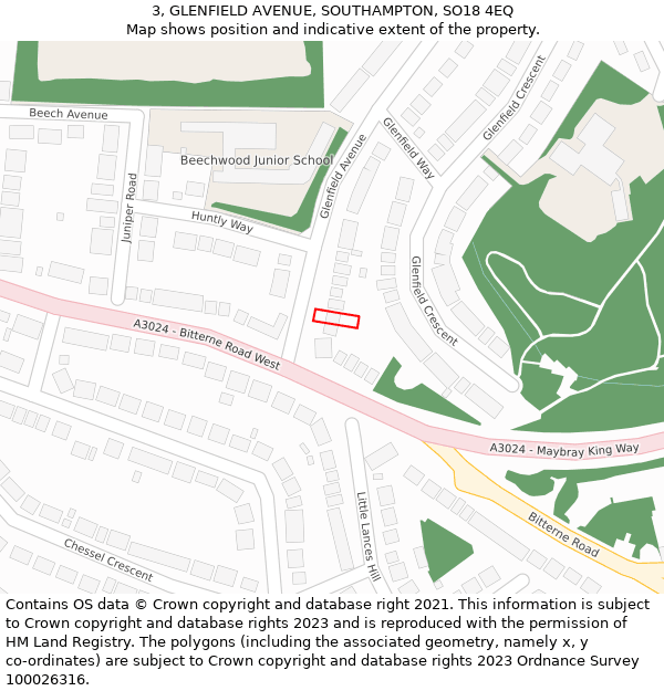 3, GLENFIELD AVENUE, SOUTHAMPTON, SO18 4EQ: Location map and indicative extent of plot