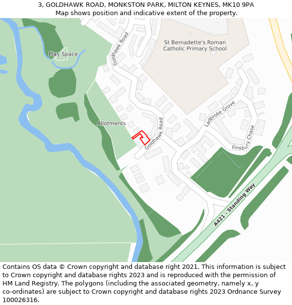 3, GOLDHAWK ROAD, MONKSTON PARK, MILTON KEYNES, MK10 9PA: Location map and indicative extent of plot
