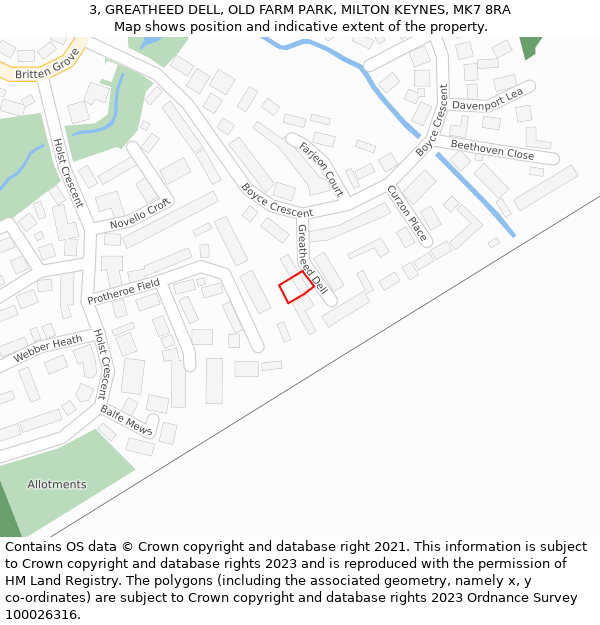 3, GREATHEED DELL, OLD FARM PARK, MILTON KEYNES, MK7 8RA: Location map and indicative extent of plot