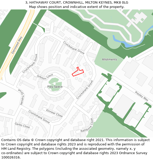 3, HATHAWAY COURT, CROWNHILL, MILTON KEYNES, MK8 0LG: Location map and indicative extent of plot