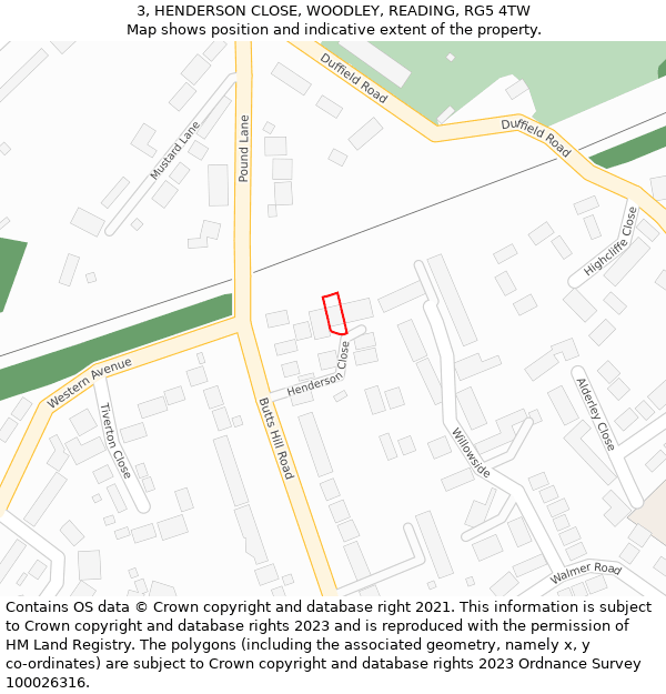 3, HENDERSON CLOSE, WOODLEY, READING, RG5 4TW: Location map and indicative extent of plot