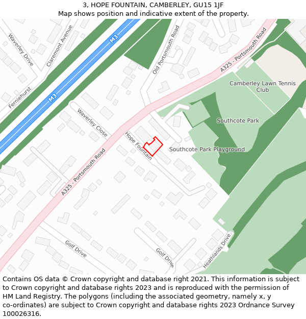 3, HOPE FOUNTAIN, CAMBERLEY, GU15 1JF: Location map and indicative extent of plot