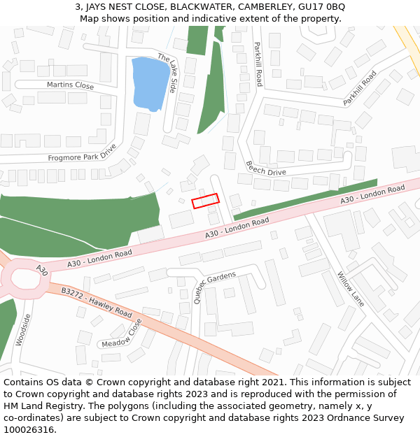 3, JAYS NEST CLOSE, BLACKWATER, CAMBERLEY, GU17 0BQ: Location map and indicative extent of plot