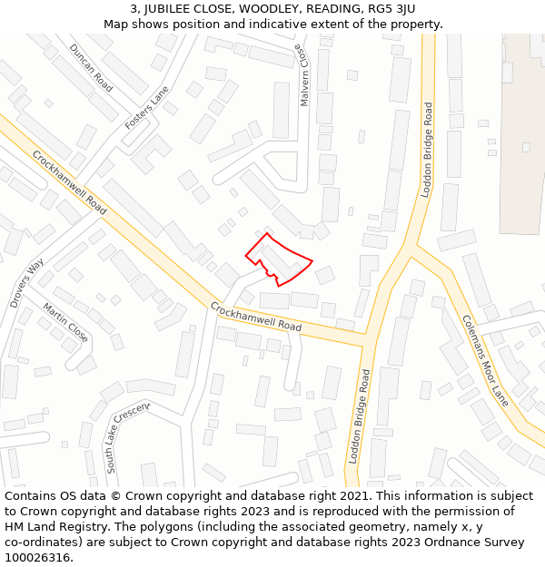 3, JUBILEE CLOSE, WOODLEY, READING, RG5 3JU: Location map and indicative extent of plot