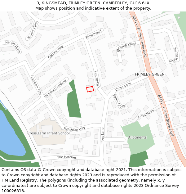 3, KINGSMEAD, FRIMLEY GREEN, CAMBERLEY, GU16 6LX: Location map and indicative extent of plot