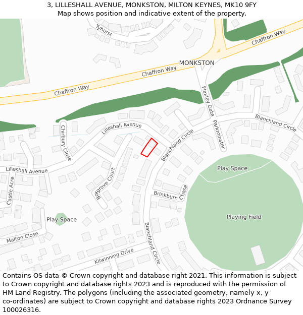 3, LILLESHALL AVENUE, MONKSTON, MILTON KEYNES, MK10 9FY: Location map and indicative extent of plot
