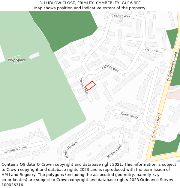 3, LUDLOW CLOSE, FRIMLEY, CAMBERLEY, GU16 9FE: Location map and indicative extent of plot