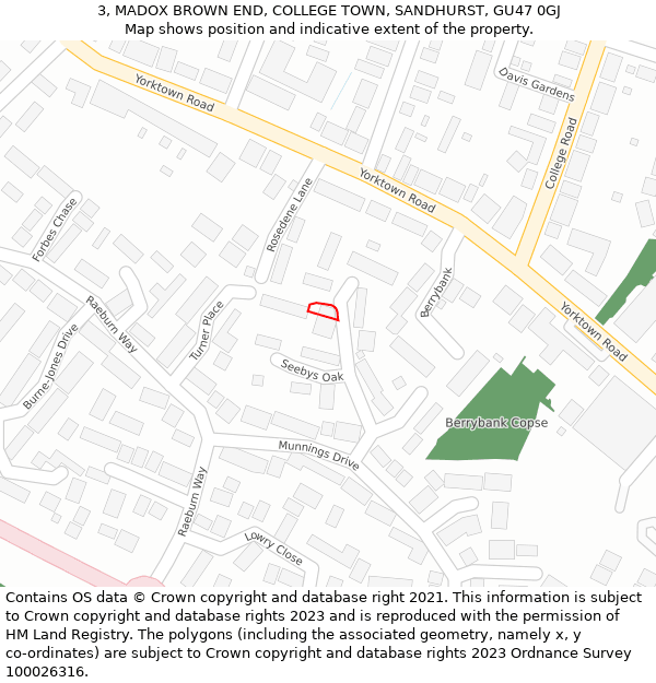 3, MADOX BROWN END, COLLEGE TOWN, SANDHURST, GU47 0GJ: Location map and indicative extent of plot