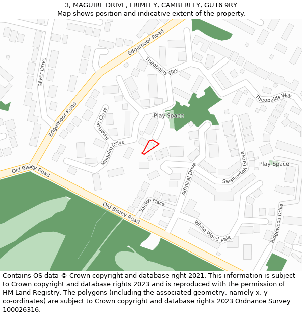 3, MAGUIRE DRIVE, FRIMLEY, CAMBERLEY, GU16 9RY: Location map and indicative extent of plot