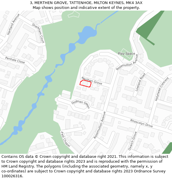 3, MERTHEN GROVE, TATTENHOE, MILTON KEYNES, MK4 3AX: Location map and indicative extent of plot