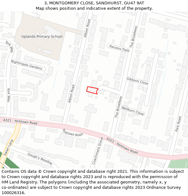 3, MONTGOMERY CLOSE, SANDHURST, GU47 9AT: Location map and indicative extent of plot