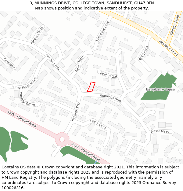 3, MUNNINGS DRIVE, COLLEGE TOWN, SANDHURST, GU47 0FN: Location map and indicative extent of plot