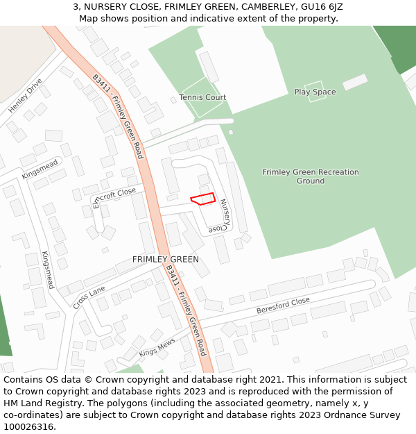3, NURSERY CLOSE, FRIMLEY GREEN, CAMBERLEY, GU16 6JZ: Location map and indicative extent of plot