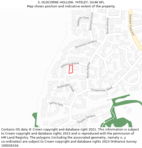 3, OLDCORNE HOLLOW, YATELEY, GU46 6FL: Location map and indicative extent of plot