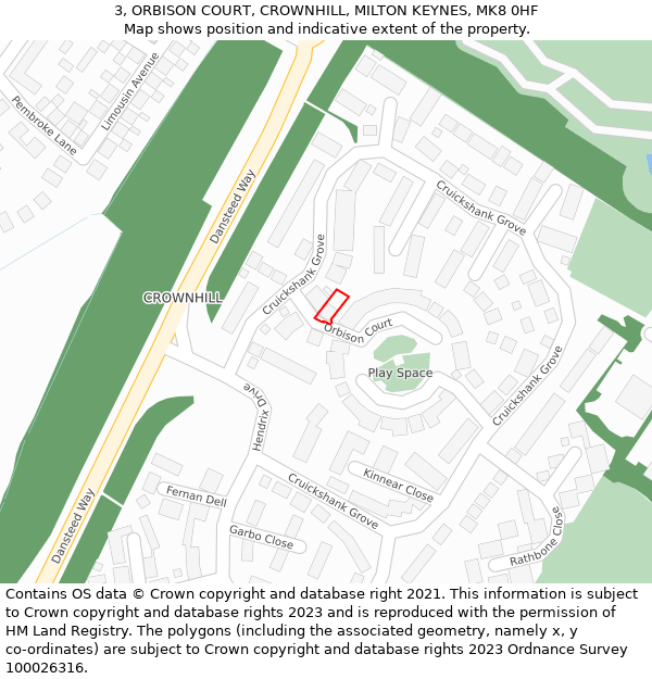 3, ORBISON COURT, CROWNHILL, MILTON KEYNES, MK8 0HF: Location map and indicative extent of plot