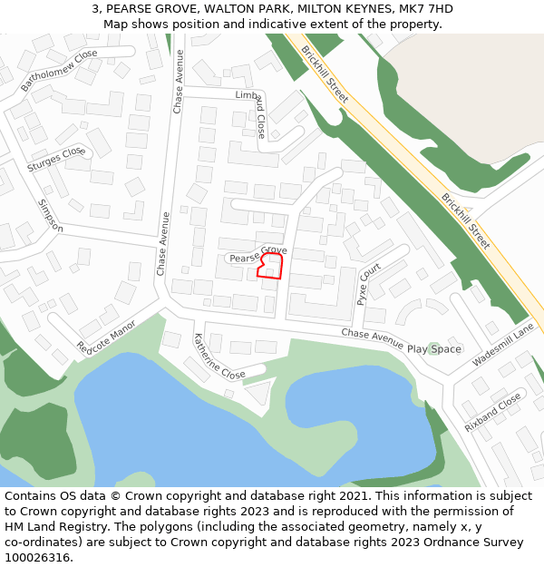 3, PEARSE GROVE, WALTON PARK, MILTON KEYNES, MK7 7HD: Location map and indicative extent of plot