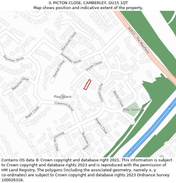 3, PICTON CLOSE, CAMBERLEY, GU15 1QT: Location map and indicative extent of plot