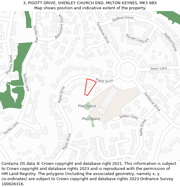 3, PIGOTT DRIVE, SHENLEY CHURCH END, MILTON KEYNES, MK5 6BX: Location map and indicative extent of plot