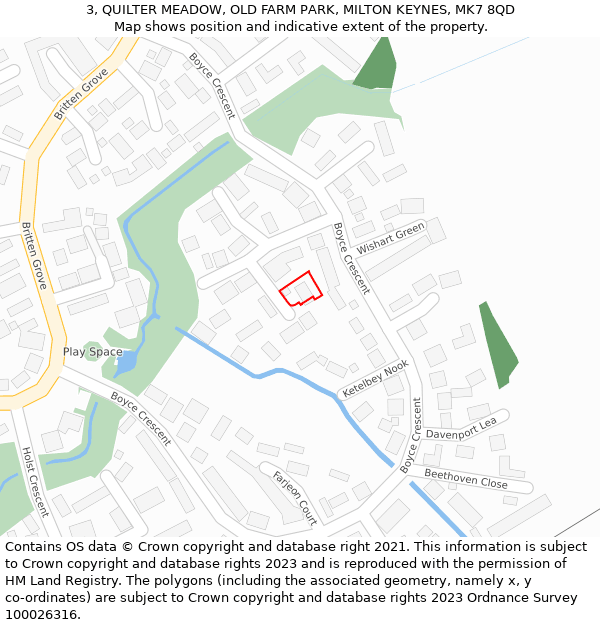 3, QUILTER MEADOW, OLD FARM PARK, MILTON KEYNES, MK7 8QD: Location map and indicative extent of plot