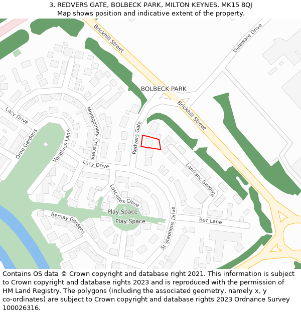 3, REDVERS GATE, BOLBECK PARK, MILTON KEYNES, MK15 8QJ: Location map and indicative extent of plot